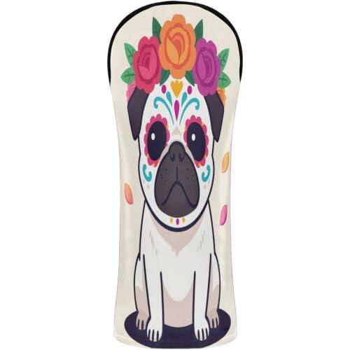 Funda de golf impermeable con etiquetas de números para conductor Fairway Wood Hybrid Calavera Pug colorido Dia de los Muertos Perro lindo perro