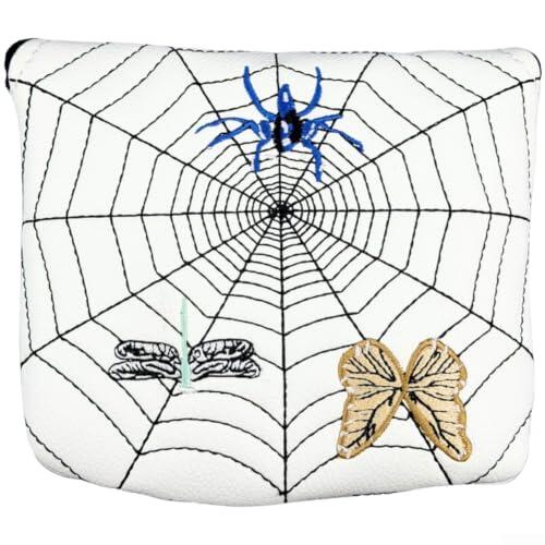 Funda magnética para putter de golf cuadrada con bordado de arácnidos, funda protectora de piel sintética suave, para palos de golf, blanco y negro (blanco)