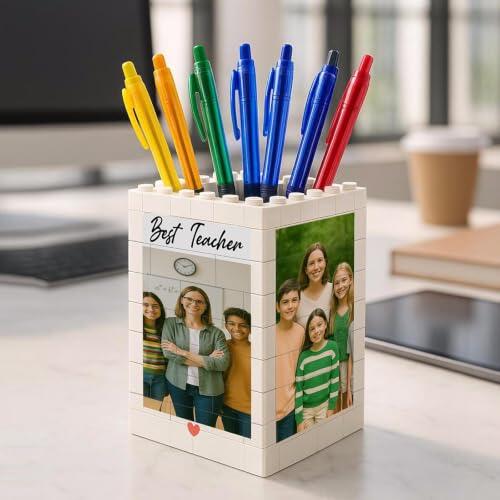 Olla de ladrillo de fotos personalizada para profesores, organizador de escritorio personalizado para profesores, regalo de agradecimiento al profesor, regalo de decoración de aula (9 x 6,5 cm)