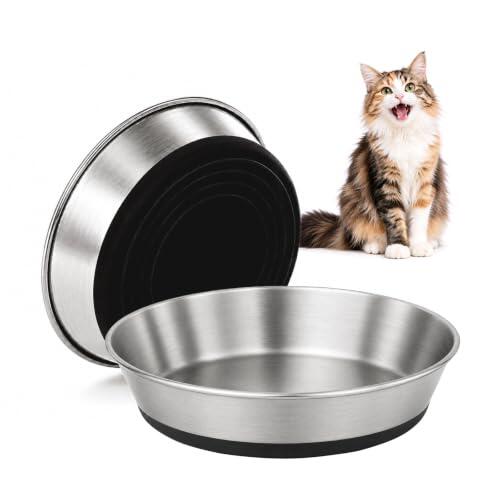 Wosyoodo 2 Piezas Cuencos para Gatos de Acero Inoxidable, con Base Antideslizante de Silicona, Comederos Planos y Anchos para Gatos y Perros Pequeños, Aptos para Lavavajillas