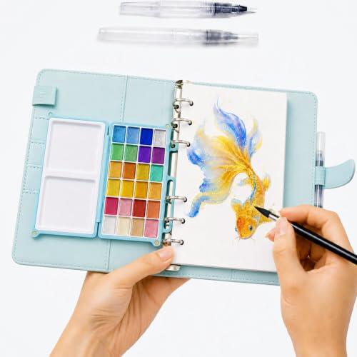 LMSAWK 24 Colores Set de Acuarela, Pinceles Acuarela, Kit de Acuarela Viaje, con 3 Pinceles y 20 Hojas, para Artistas Principiantes y Pintura al Aire Libre
