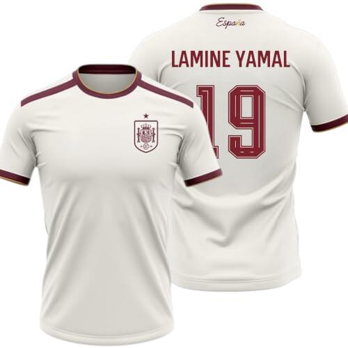 Selección Española Camiseta Segunda Equipación 2026-2028 LY 19 con Nombre y Dorsal, Color Blanco con Detalles Granate, Manga Corta, Tejido Deportivo Transpirable