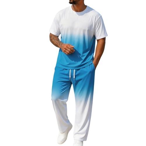 Generisch Traje de verano para hombre, con degradado de color, para el tiempo libre y de manga corta, 2 piezas, juego de ropa de calle, chándal, ropa deportiva, ropa deportiva Y2K Hip Hop, azul claro