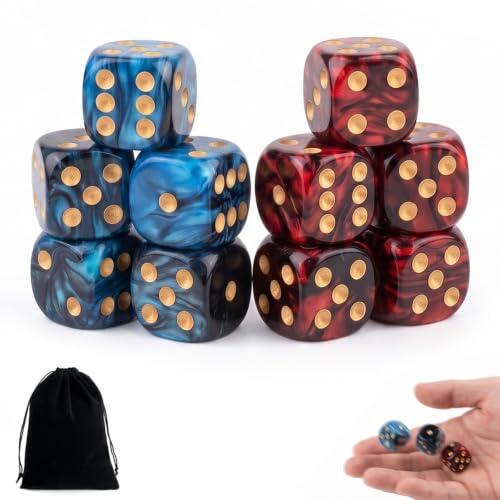 IBXWMNG 10 Dados de Rol D6 16mm con Efecto Perla y Bolsa de Terciopelo, Set de Dados Bicolor (Azul-Negro y Rojo-Negro) para Juegos de Mesa, RPG y Enseñanza de Matemáticas