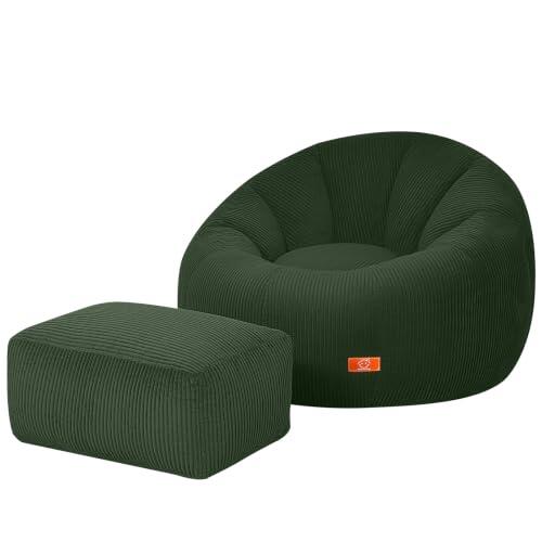 MeMoreCool Puf de pana para adultos con relleno, color verde | Sillón con copos de espuma de alta densidad y reposapiés, diseño de flores, para sala de estar, rincón de lectura y juegos