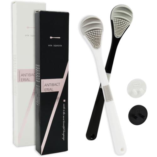2 piezas rascador de lengua doble cara de silicona flexible, diseño biónico con 3 capas con masaje, limpiador lingual, asa antideslizante, incluye puerta de pared y caja de regalo, higiene bucal