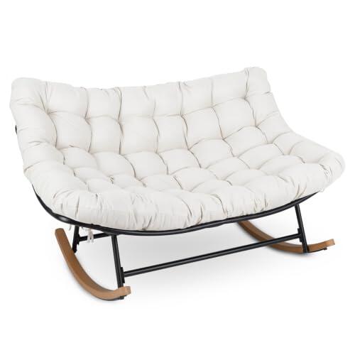 COSTWAY Silla Mecedora Doble Cojín Acolchado, Butaca Salón XXL (beige) | Estructura Metálica, Sillón Balancin para Jardín Terraza Interior Exterior, 110,5 x 150 x 81 cm, Carga 320 kg