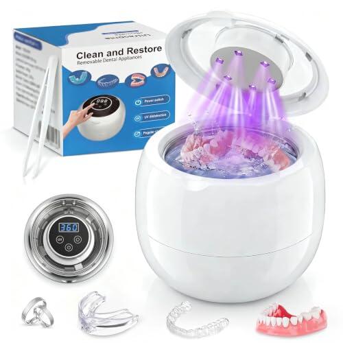 Limpiador ultrasónico 45kHz con 6 luces UV, recargable USB-C 4 modos para retenedores, prótesis, brackets, alineadores, implantes y joyas de plata, Color Beige