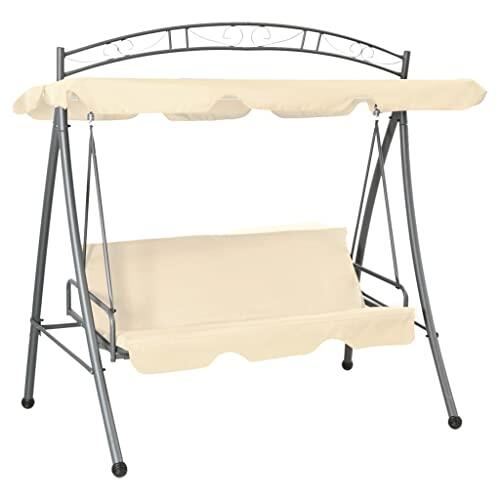 KKHOMEI Columpio Jardín Exterior, Balancín de Jardín 3 Plazas con Techo y Cojines, Convertible en Cama, Marco de Acero, para Balcón, Terraza, Patio, 198 x 123 x 203 cm, Sand-Weiß