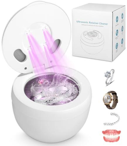 Limpiador ultrasónico con luz UV (200 ml) | Frecuencia de 45 kHz, 25 W de potencia, 4 modos de limpieza, adecuado para dentaduras postizas, retenedores
