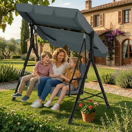 Alpstorm Columpio de jardín de 3 plazas, color marrón oscuro, con techo ajustable y cojines cómodos de 6 cm, marco de acero de 200 kg, resistente a la intemperie para exteriores, gris, 175 x 110 x 152