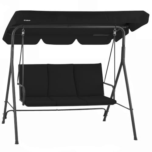 HinHocker Columpio de jardín de 3 plazas con toldo, color negro, soporta hasta 250 kg, tumbona oscilante, banco columpio para exteriores, columpio de jardín, silla columpio, columpio suave, columpio