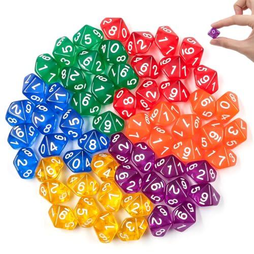 Juego de 60 Dados poliédricos D10. Juego de Dados de acrílico de Colores Dados de 10 Caras para Juegos de Mesa, Juegos de rol y Actividades de Entretenimiento.