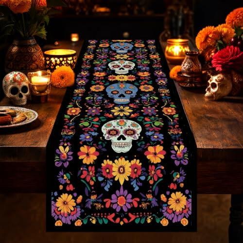 Celebra el Día de los Muertos y Halloween con estilo: Descubre el camino de mesa con calaveras de azúcar