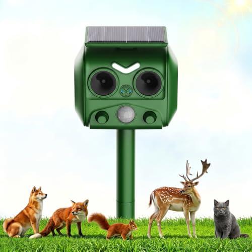Ahuyentador de Gatos Exterior,Ultrasónico Repelente de Zorros Solar Potente con Luz LED,Puede Repeler Eficazmente Gato,Pájaros,Zorros,Mapaches,Conejos y Roedores