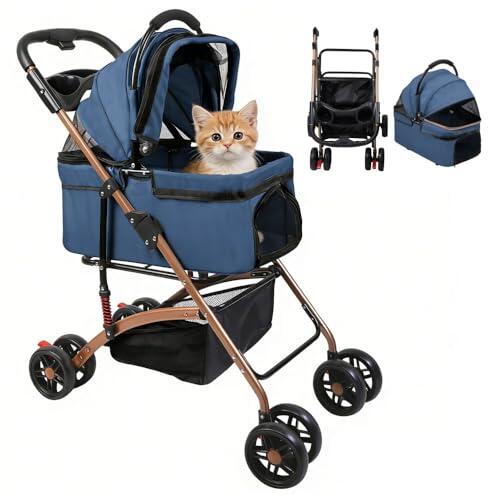 Actualización cochecito plegable 4 en 1 soporte de 15 kg para perros pequeños y gatos, con ventana de red portaanimales extraíbles, ruedas Avan de 360 °, freno de lluvia y cesta de almacenamiento