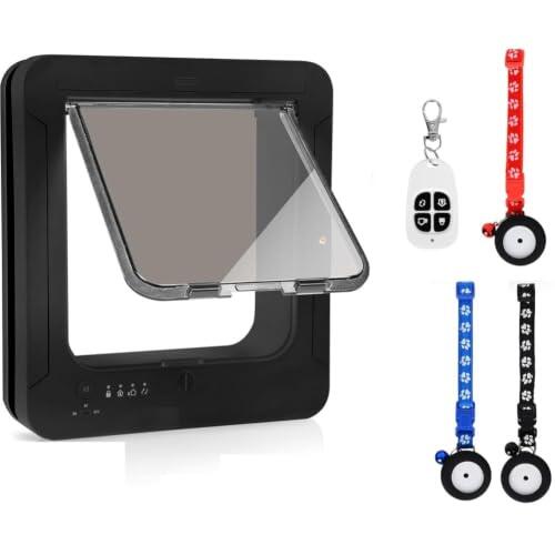 Aundhegrtt Puerta Inteligente para Gatos con 3 Llaves de Sensor de Collar, Puerta para Gatos RFID Activada por Collar con Control Remoto, Abertura para Gatos con Bloqueo de 4 Vías