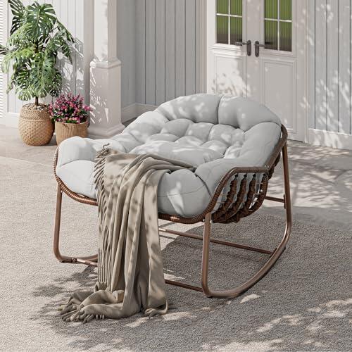 Litake Silla Mecedora Huevo Rattán Interior Exterior，Soporta 181kg | Sillón Relax Lectura Adultos Mimbre Sintético Estructura Metálica Cojín Acolchado Salón Dormitorio Balcón Jardín Terraza