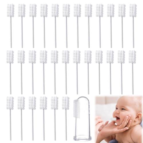 31 Pzs Limpiador de Lengua Bebe, 30 Hisopos Bucales de Gasa y 1 Cepillo de Dientes Bebe de Silicona para Recién Nacidos y Niños, Cuidado de Encías y Lengua, Higiene Bucal Diaria, Empaque Individual