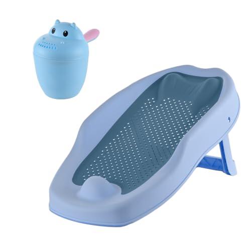 Relaxdays Set de baño para bebé, vaso enjuague sin lágrimas, azul | soporte antideslizante, 19x51,5x30 cm, PP/TPE