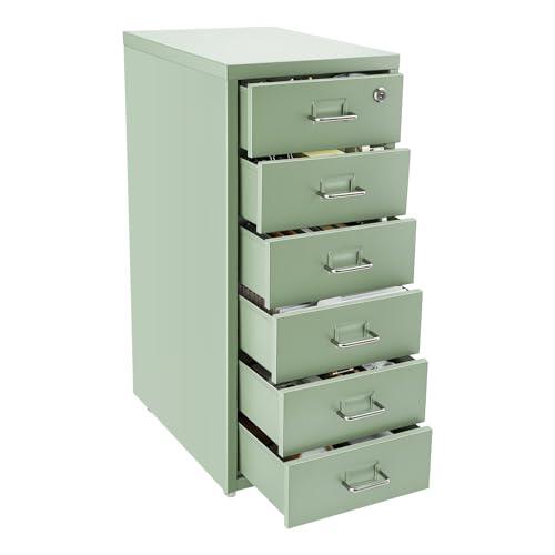 Armario carpeta cajón con ruedas gabinete metálico verde, 6 cajones, almacenamiento de archivos seguro, gran capacidad, diseño moderno, organización oficina casa, almacenamiento móvil, cerradura