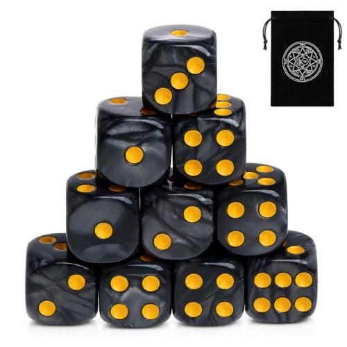 TEHJAM 10 Dados Juego,12mm D6 Acrílico,Bolsa Terciopelo,Negro/Dorado