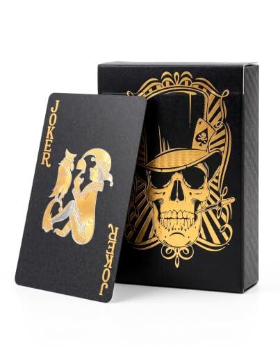 ZenoScope Baraja de Cartas Poker, 1 Juego Completo, Plástico PVC Negro y Dorado con Motivo Calavera, Impermeable y Corte Diamante para Baños, Piscinas y Juegos de Mesa