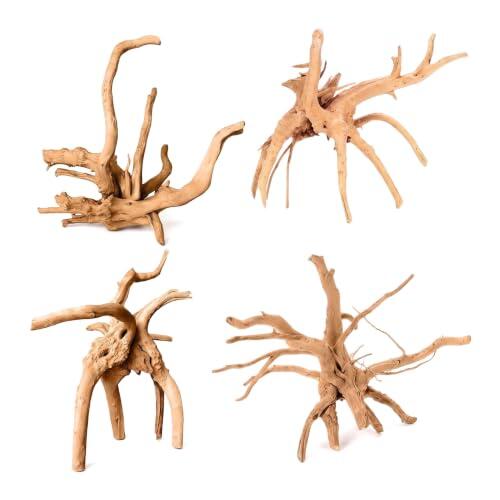 4 raíces de acuario de madera auténtica, 15 – 20 cm, raíz de manglar | Raíces de madera natural para acuarios, secas y estables, para pequeñas cuencas, peces y gambas