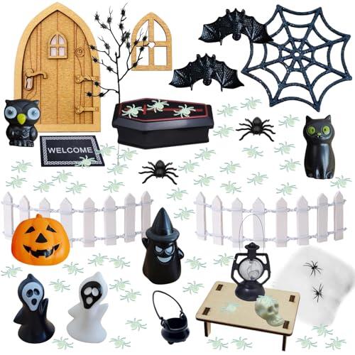 OKMIJN 71Pcs Decoración para casa de muñecas de Halloween, Accesorios para Puerta de Duendes en Miniatura Araña Murciélago Calabaza, Miniadornos Resina Halloween Miniatura Casa de Muñecas Decoración