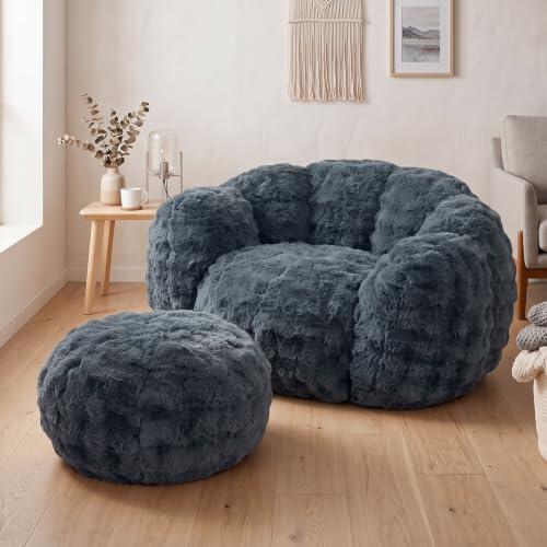 ELUCHANG Puff Gigante Adulto XXL con Reposapiés, Sillón Relax, Gris | Sillón con otomana, espuma 30D y terciopelo 3D relieve. Asiento súper cómodo para salón, dormitorio o cuarto juvenil