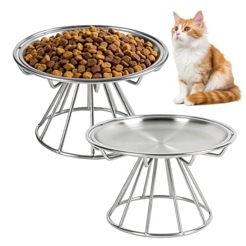 Comedero Elevado para Gatos Acero Inoxidable 2 uds, 15cm con Soporte 9cm