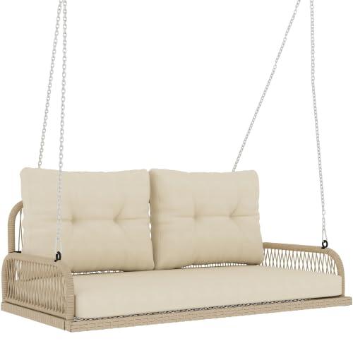 Outsunny Hollywood Swing 2 plazas rattan con cojines 115x66x44cm Beige | Columpio colgante de jardín, capacidad 240kg, para jardín/balcón