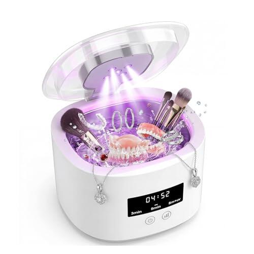 Limpiador Ultrasonidos Portátil 50000Hz, Limpieza Dental Ultrasonidos Recargable con Luz UV, 380ml, 3 Modos para Bracket Retenedores, Protectores Nocturnos, Dentaduras, Alineadores, Joyas etc,Blanco