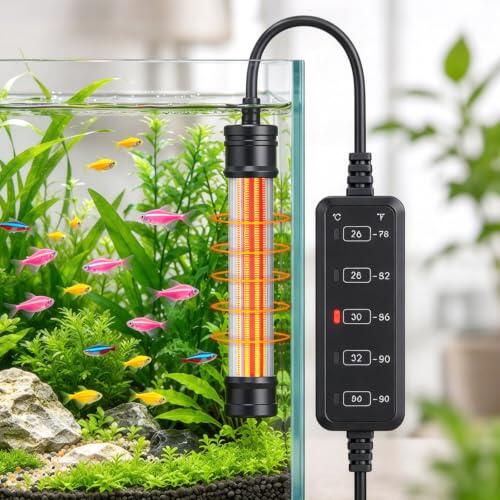 LEKEFETO Calentador de acuario de 50 W: calentador de acuario ajustable, 26 – 34 °C, calentador digital de acuario con controlador de temperatura, para agua salada y agua dulce, tortuga, tanques de 20