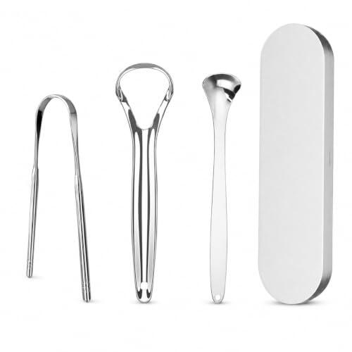 Lukery Limpia Lenguas de Acero Inoxidable Pack de 3 (Estilo 3) | con Estuche de Almacenamiento - Raspador Lingual Anti Mal Aliento para Higiene Bucal de Adultos