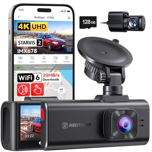 REDTIGER F7NA 4K Dashcam delantera y trasera, 8MP STARVIS 2 IMX678 | Control de voz, pantalla táctil, WiFi de 5 GHz 20 MB/s, 4K frontal 1080P trasero, GPS, visión nocturna WDR, HDR