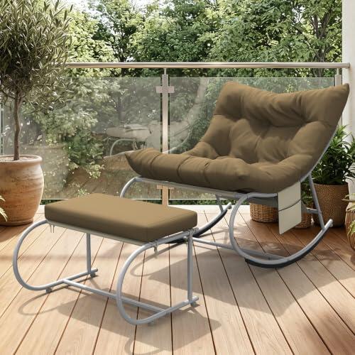 Lointain Mecedora para exteriores con taburete, hasta 150 kg, color caqui | Sillón de relax para exteriores, resistente a la intemperie, mecedoras de metal, resistente al agua, para jardín, balcón