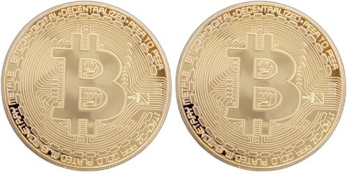 Bitcoin Moneda Física Bañada En Oro De 24k, Incluye Protector Acrilico Redondo (Paquete de 2)