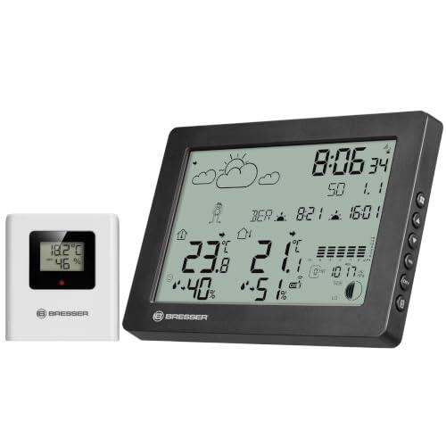 Bresser BaroTemp HZ Estación meteorológica casa con barómetro | Temperatura interior y exterior, humedad, previsión del tiempo, historial de presión, reloj DCF, 2 alarmas