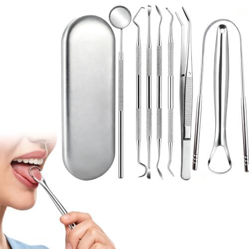 8 Piezas Kit Limpieza Dental, Limpiador de Sarro y Utensilios Dentales | Acero inoxidable con espejo bucal y removedor para placa, sarro y restos de comida, cuidado oral en casa