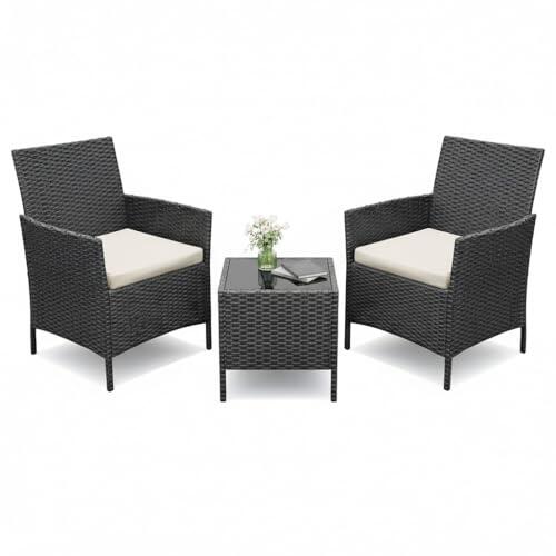 Garvee Conjunto 3 Piezas Ratán PE con Mesa de Vidrio, Gris/Azul Pavo Real | Set con 2 sillas y mesa de vidrio; hierro y ratán PE, cojines de poliéster con relleno de fibra para terraza y balcón en casa