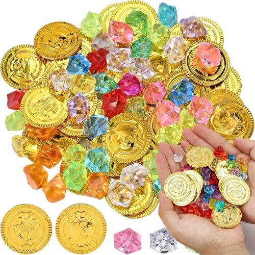PIKABOOM 100 Piezas Monedas de Oro Pirata Set con Piedras Decorativas