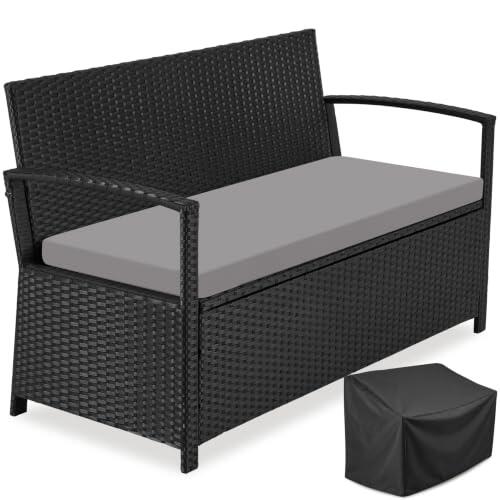 tectake® Banco de Jardín de Polirratán, 128 x 56 x 77,5 cm, de Dos Plazas | Resistente a la Intemperie, Espacio de Almacenamiento 160 l, Incluye Funda Protectora, Respaldo Alto, Reposabrazos, Negro