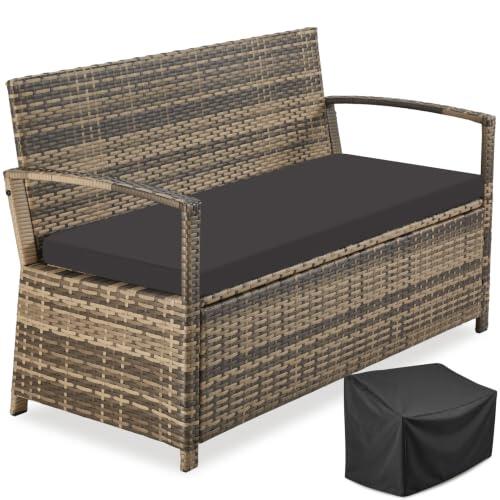 tectake® Banco de Jardín Dos Plazas, Resistente a la Intemperie, 160L | Cojín de Asiento Extraíble y Lavable, Respaldo Alto con Reposabrazos Cómodos, Estructura Acero Resistente, Natural