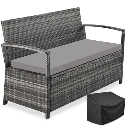 tectake® Banco de Jardín de Ratán, 2 Plazas, Resistente, 128 x 56 x 77,5 cm | Resistente a la Intemperie, 128 x 56 x 77,5 cm, Almacenamiento 160 l, Funda Protectora, Poliratán, Respaldo, Cojín, Gris