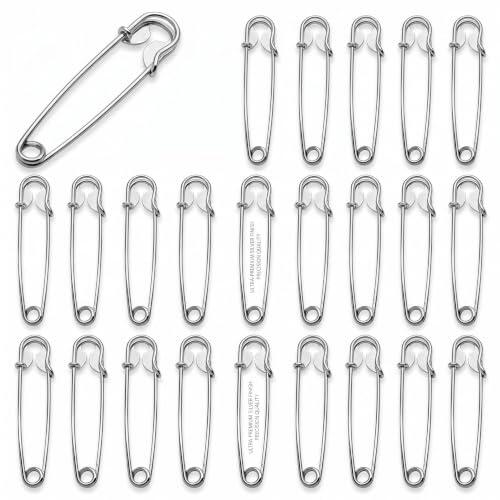 Imperdibles de Seguridad Grandes 70 mm, Pack de 24 para Tejidos y Costura | Acero Inoxidable Plateado, Bloqueo Protector Antiapertura, Punta Afilada, Mantas Gruesas, Cuero, Kilts, Manualidades