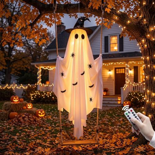 Decoración de Halloween con fantasmas colgantes, con mando a distancia, 150 cm, decoración de fantasmas con cadena de luces, decoración de Halloween al aire libre, fantasma con luces LED, fantasma