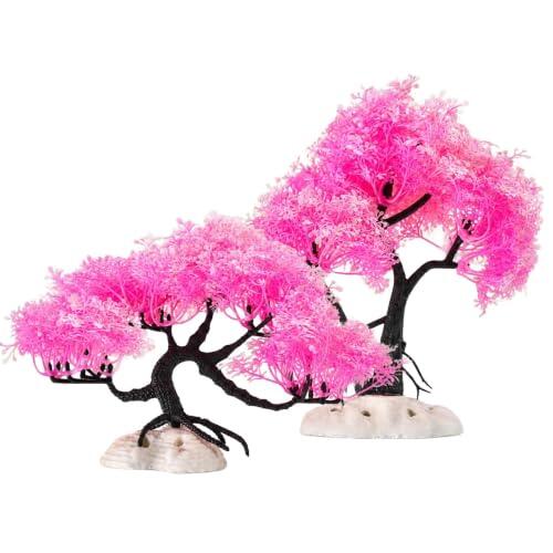 2 Piezas Decoracion Acuario PVC, Sin Mantenimiento árbol Artificial Rosa | Set Decoración Acuarios con Base Estable - Plantas Plásticas para Peces Sin Mantenimiento Oficina Hogar