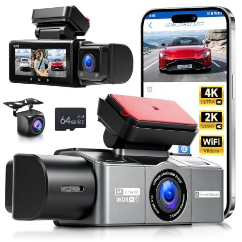 3 Canales 4K+2K+2K Dashcam Cámara Coche,170°Gran Angular,Tarjeta SD de 64GB | Cámaras Coche de 2,99" con WDR,apertura F1.6,grabación en bucle, sensor G,Visión Nocturn 4K UHD,WLAN,Monitor de Aparcamiento