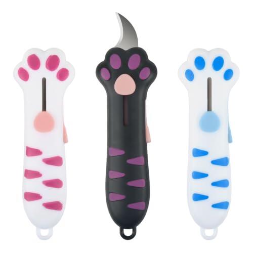 3 Abre Paquetes Pata de Gato – Abrecartas & Mini Cúter, 3 Colores | Abre Paquetes en 3 Colores, acero inoxidable, cúter retráctil automático, ergonómico, ligero – ideal como regalo